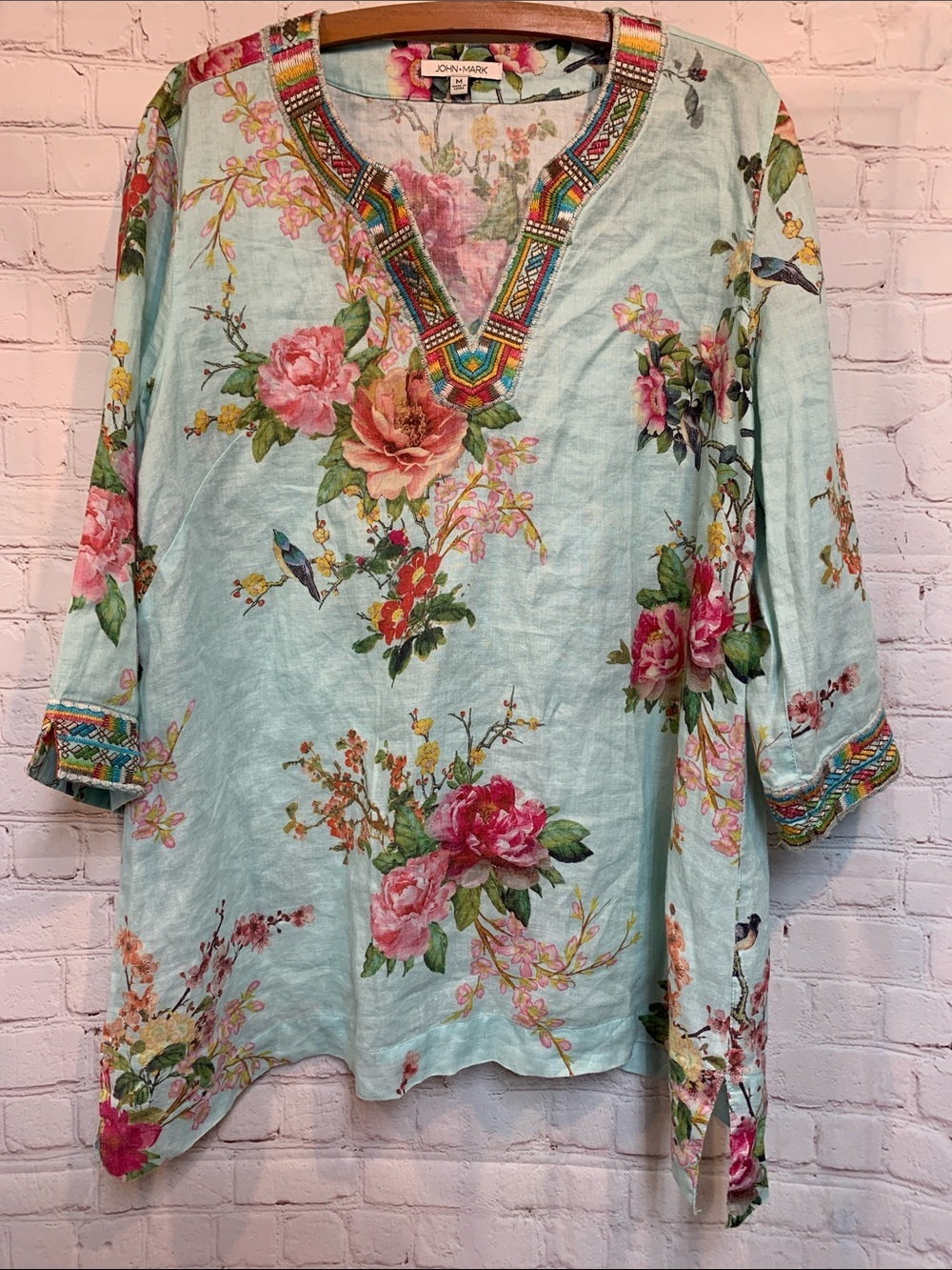 John Mark Floral Bird  Linen-Blend Tunic Size M 44”​
